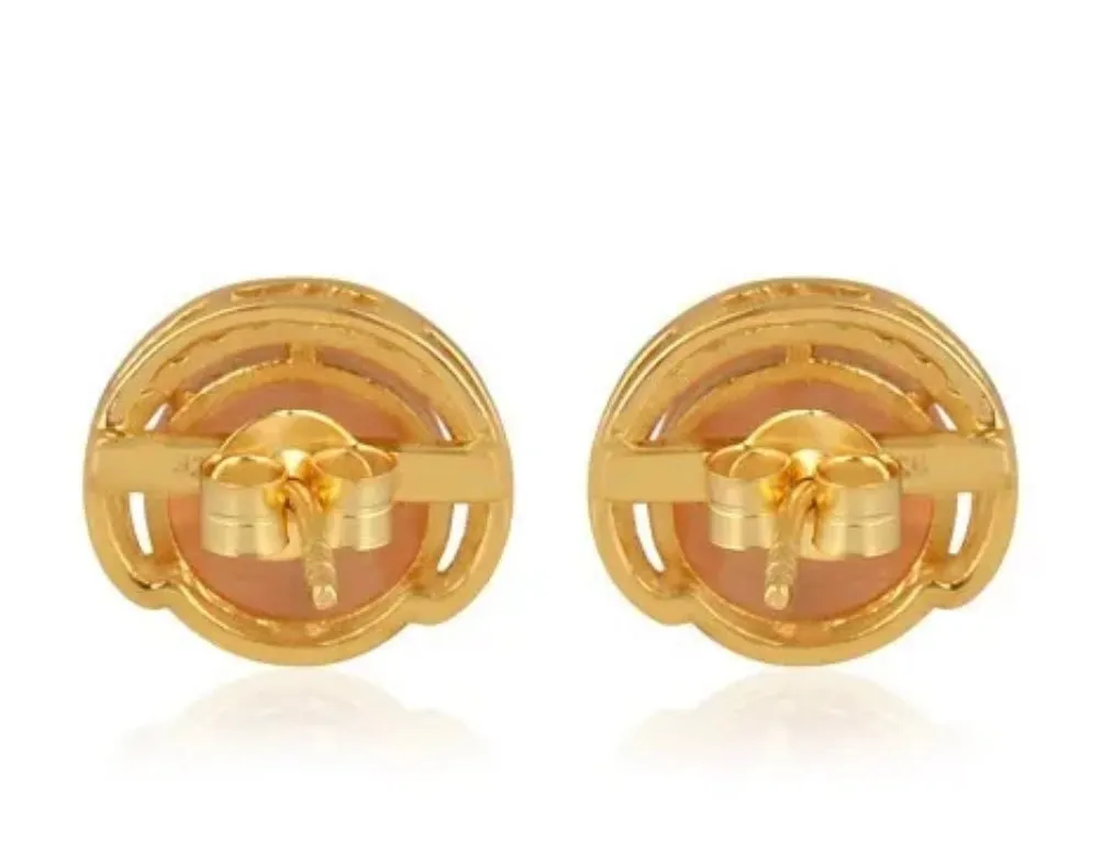 Crescent Moon Peach Moonstone Gold and Rhodium Stud Earrings