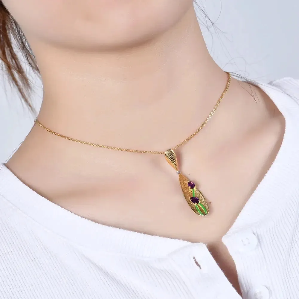 Elegant Brushed Gold Tulip Pendant Necklace with Faceted Amethyst - Gold Plated Sterling Silver