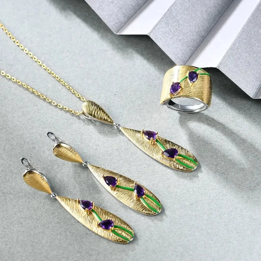 Elegant Brushed Gold Tulip Pendant Necklace with Faceted Amethyst - Gold Plated Sterling Silver
