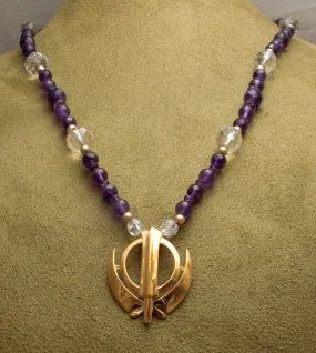 Faceted amethyst and clear quartz gold vermeil khanda / adi shakti necklace