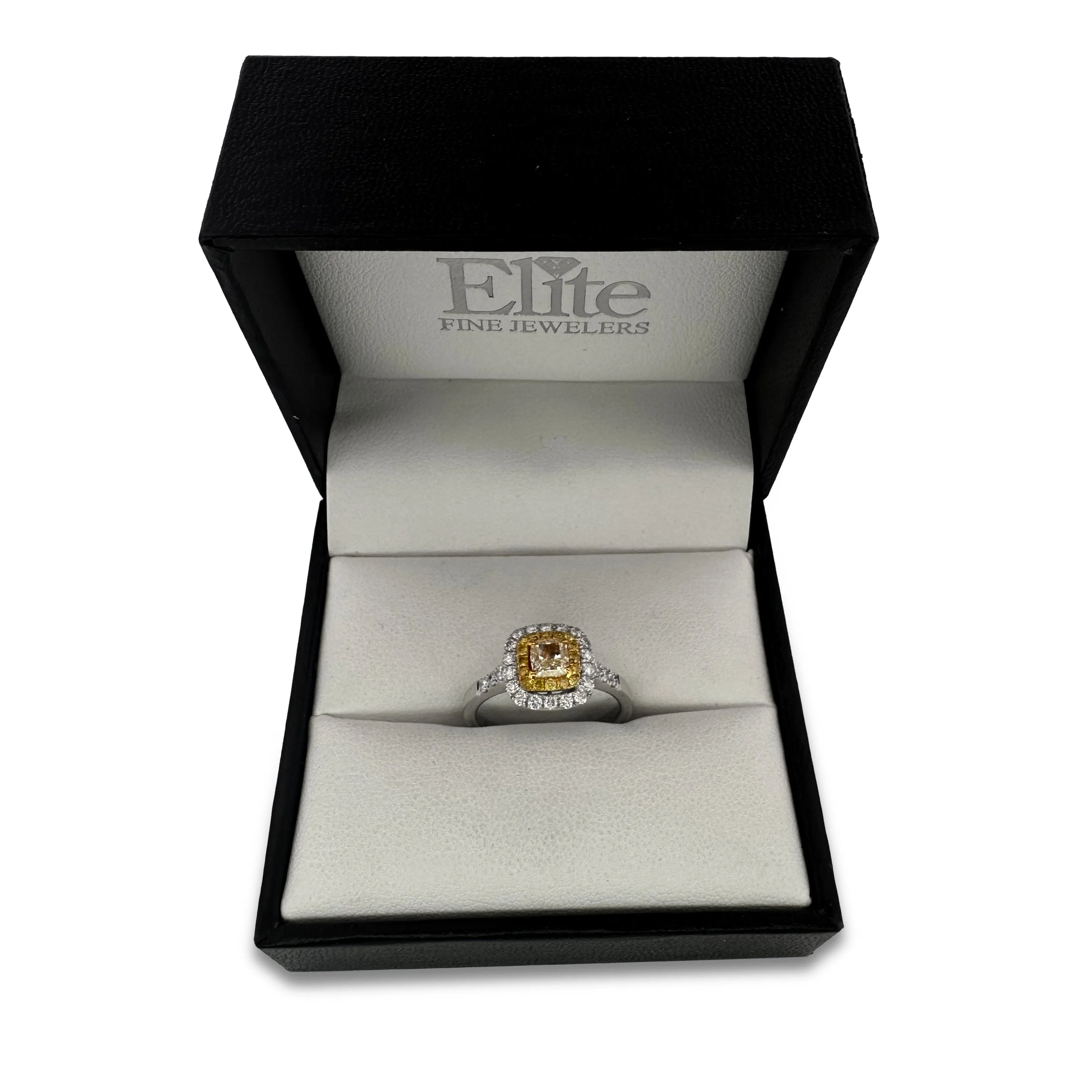 Fancy Yellow Cushion Cut Diamond Double Halo Engagement Ring in 18k Two-tone Gold