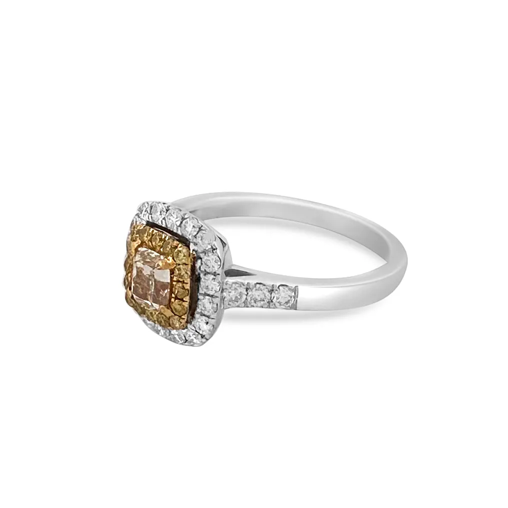 Fancy Yellow Cushion Cut Diamond Double Halo Engagement Ring in 18k Two-tone Gold