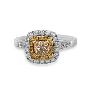 Fancy Yellow Cushion Cut Diamond Double Halo Engagement Ring in 18k Two-tone Gold