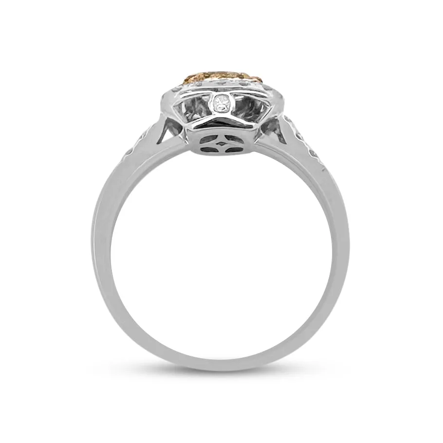 Fancy Yellow Cushion Cut Diamond Double Halo Engagement Ring in 18k Two-tone Gold