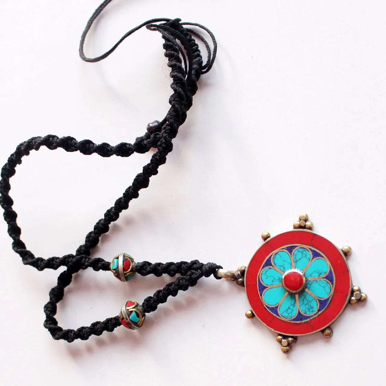 Flower Design Tibetan White Metal Inlaid Pendant