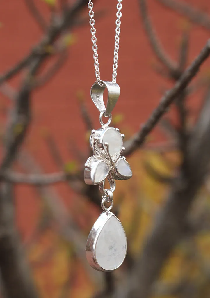 Flower Drop Rainbow Moonstone Sterling Silver Pendant