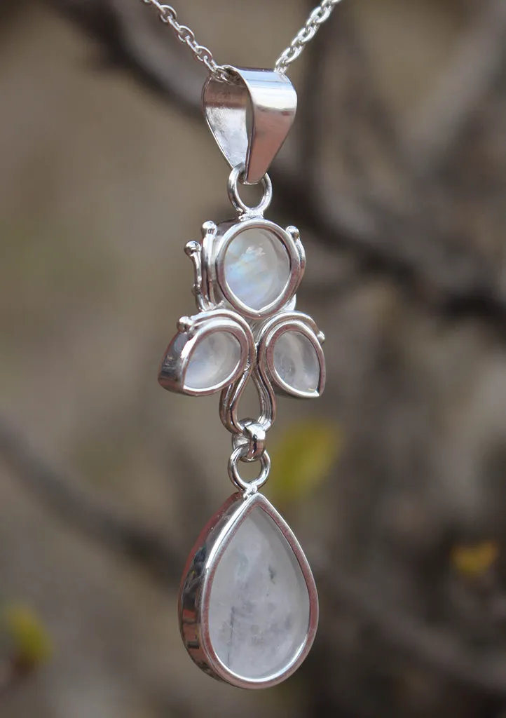 Flower Drop Rainbow Moonstone Sterling Silver Pendant