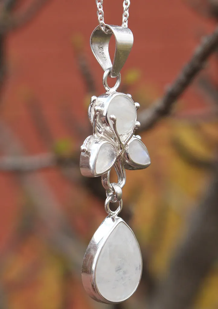 Flower Drop Rainbow Moonstone Sterling Silver Pendant