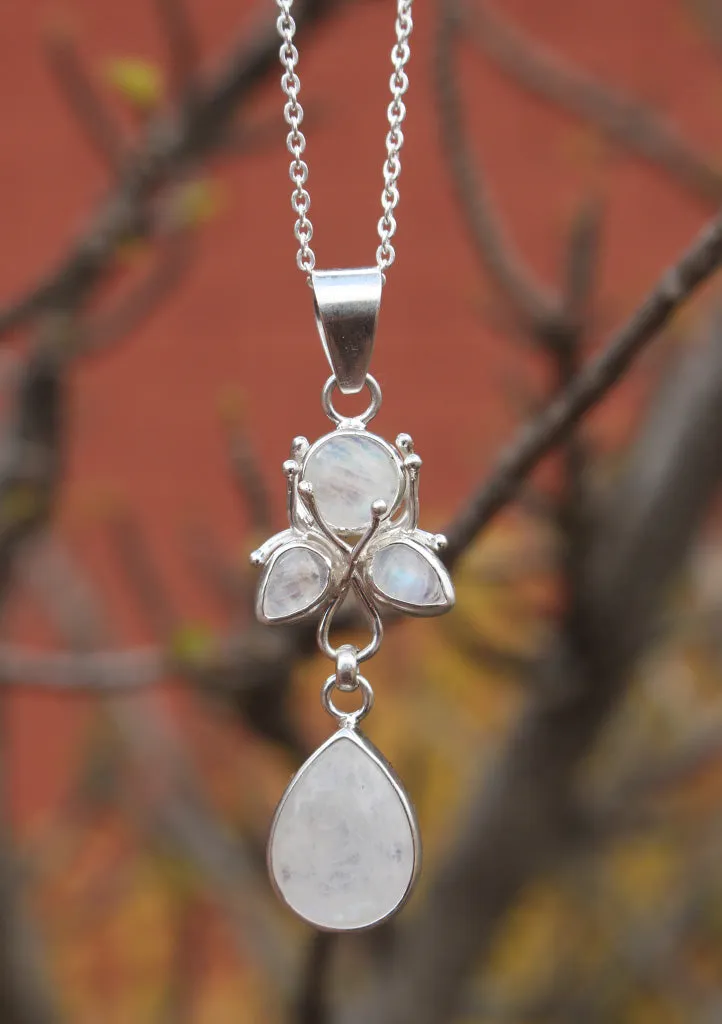 Flower Drop Rainbow Moonstone Sterling Silver Pendant