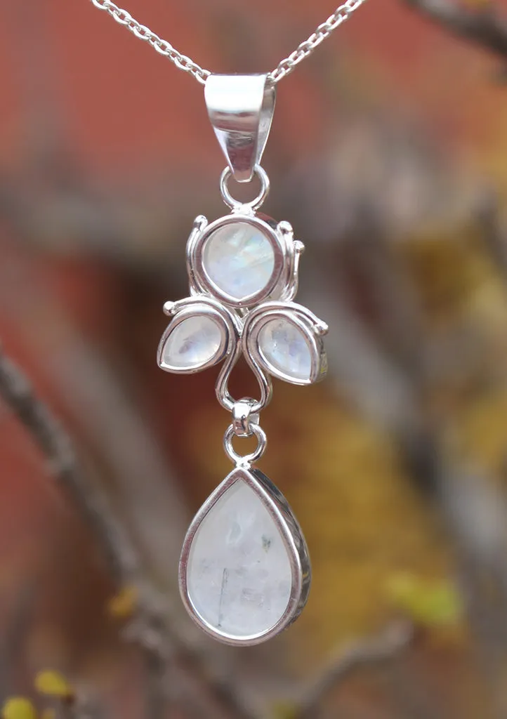 Flower Drop Rainbow Moonstone Sterling Silver Pendant