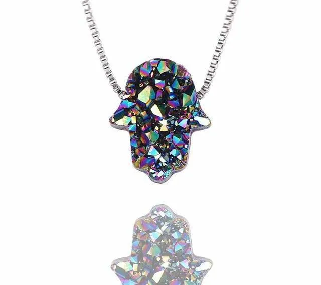 Gemstone Hamsa Hand Crystal Pendant Necklace