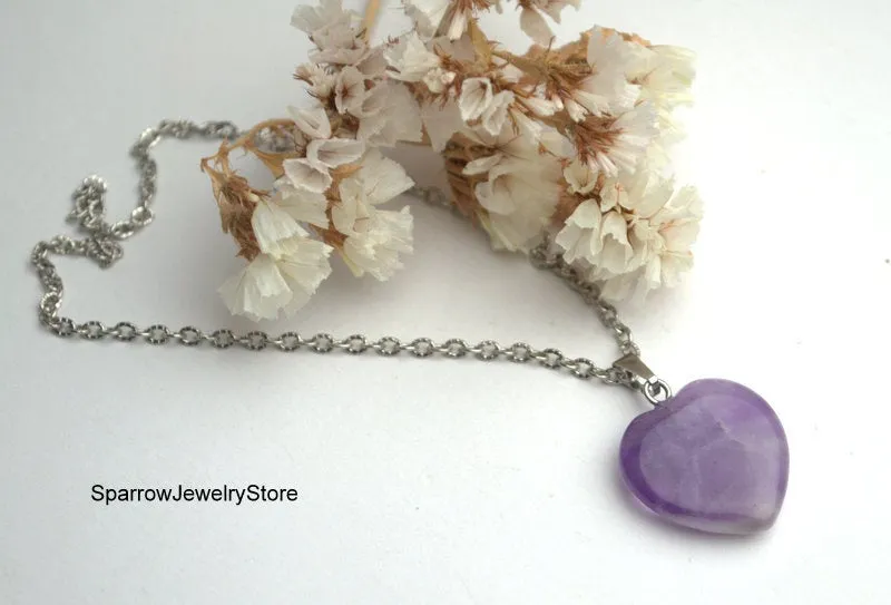 Genuine Amethyst Heart pendant necklace Amethyst crystal Mini Heart pendant Amethyst Pendant Reiki Chakra Amethyst Necklace Healing Pendant
