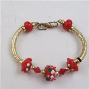 Gold Bangle Bracelet Artisan Handmade Red Accents