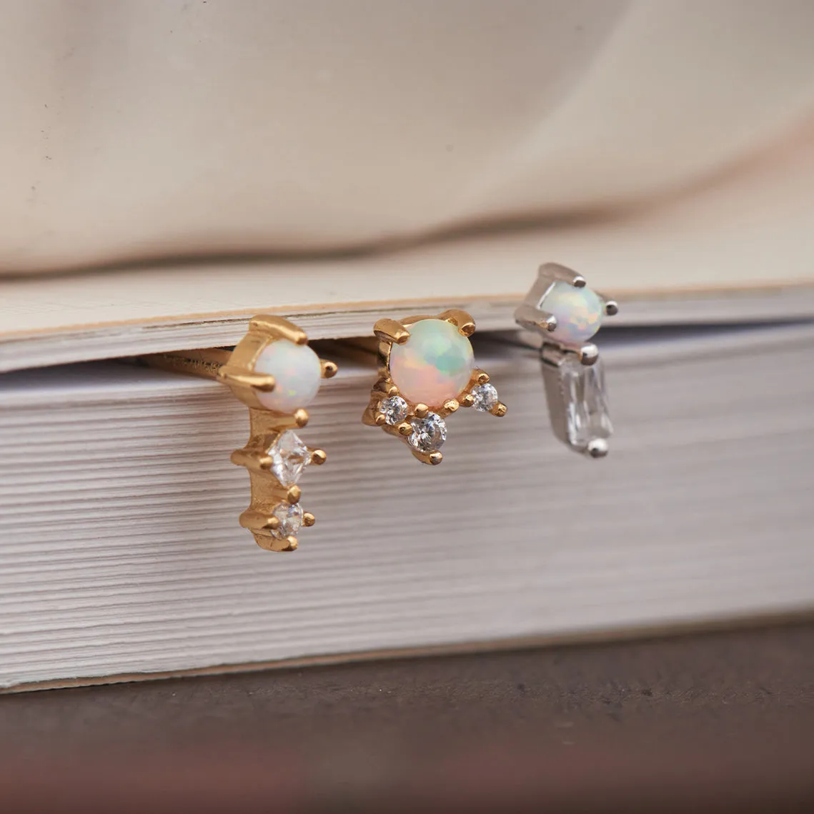 Gold Kyoto Opal Sparkle Crown Barbell Single Earring