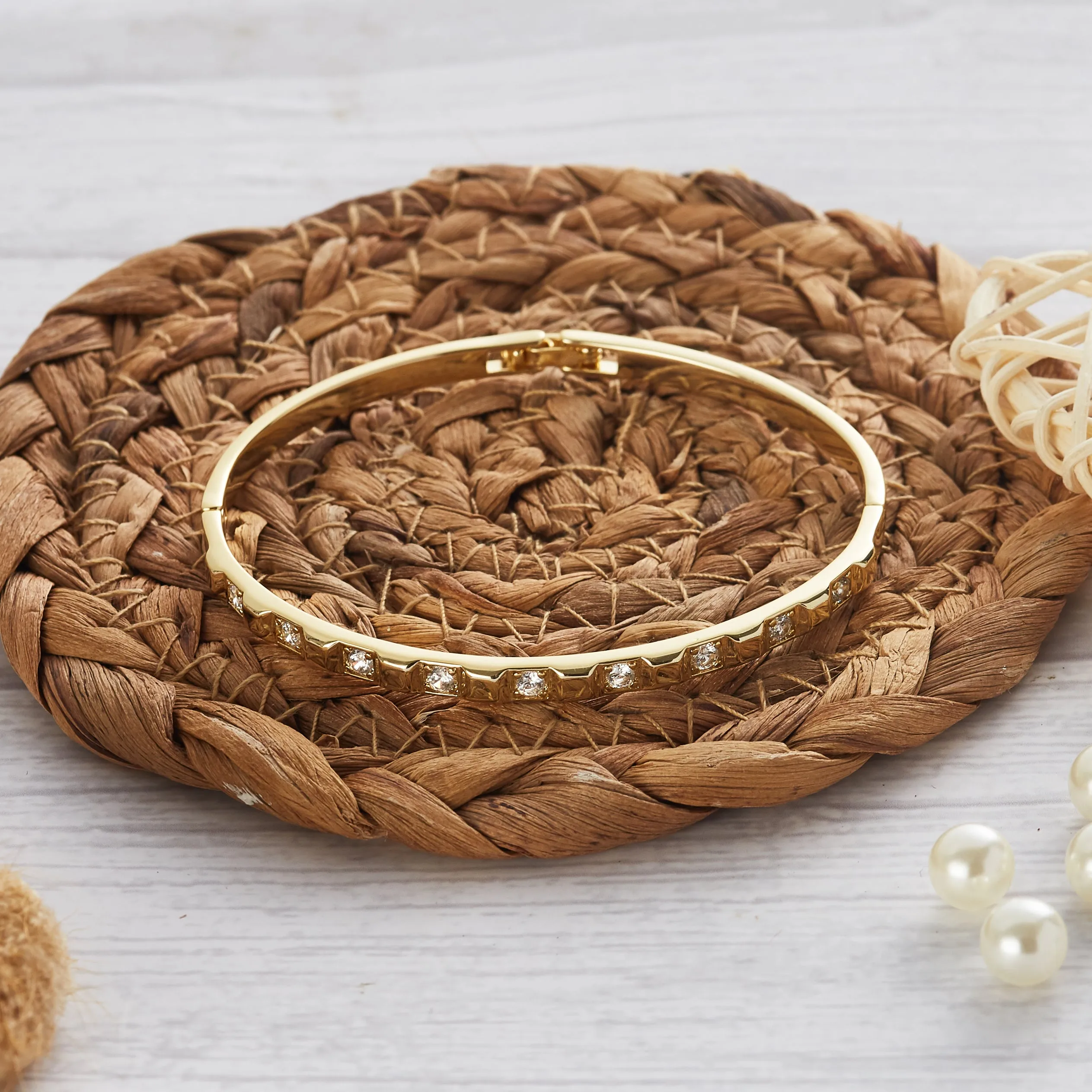 Gold Plated Cubic Bangle Created with Zircondia® Crystals (7 Inch)
