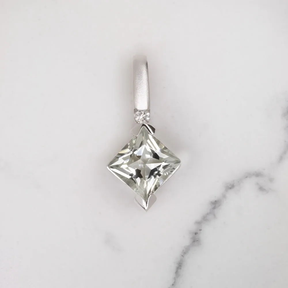 GREEN AMETHYST DIAMOND PENDANT 14k WHITE GOLD PRINCESS CUT PRASIOLITE NECKLACE