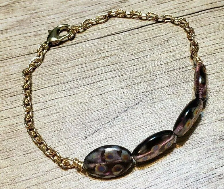 Hand Crafted, Painted Purple Millefiori Glass & Gold Tone Chain Bracelet. Adjustable to 8.5" with Lobster Claw Clasp