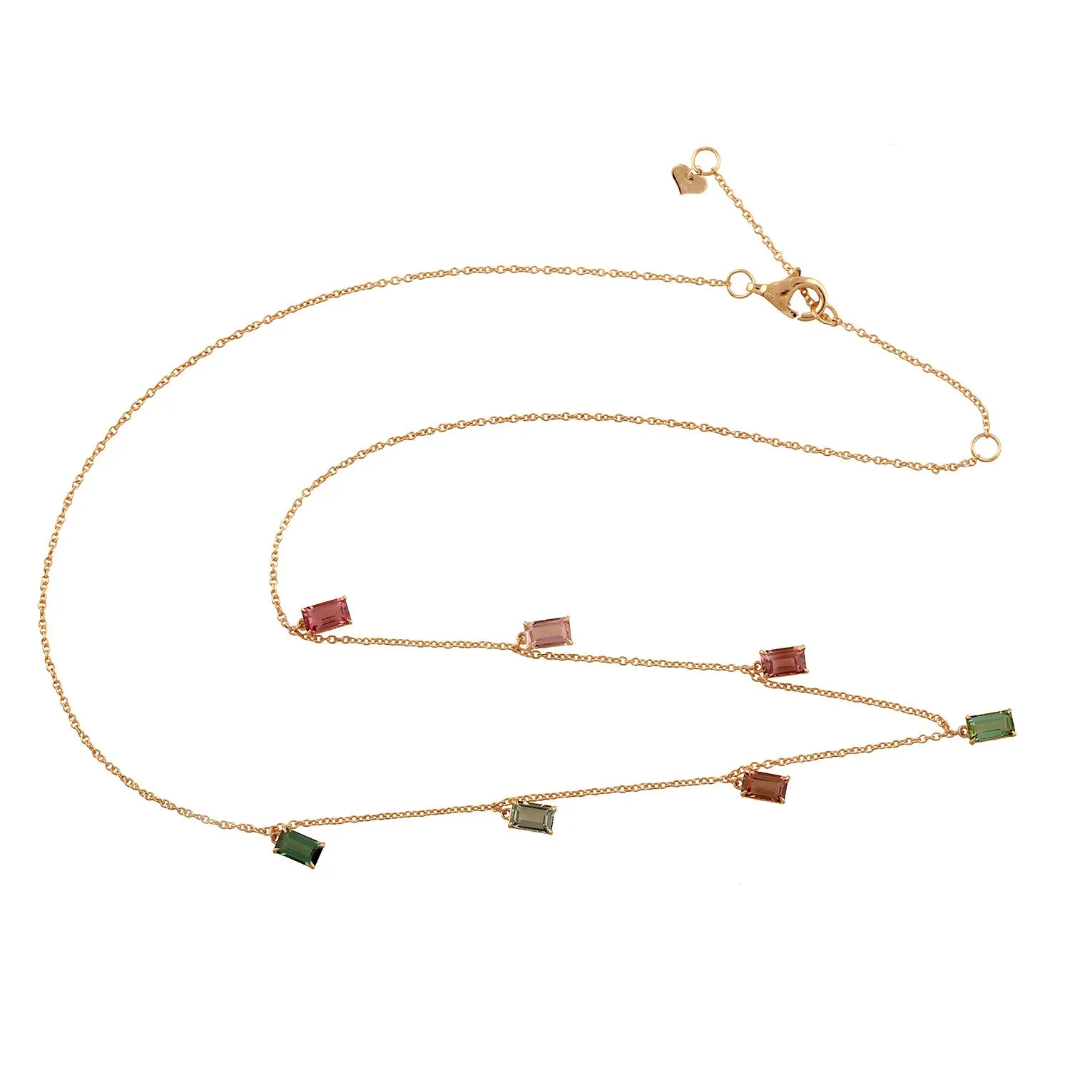 Handmade 18K Rose Gold Baguette Multicolor Tourmaline Princess Necklace Jewelry