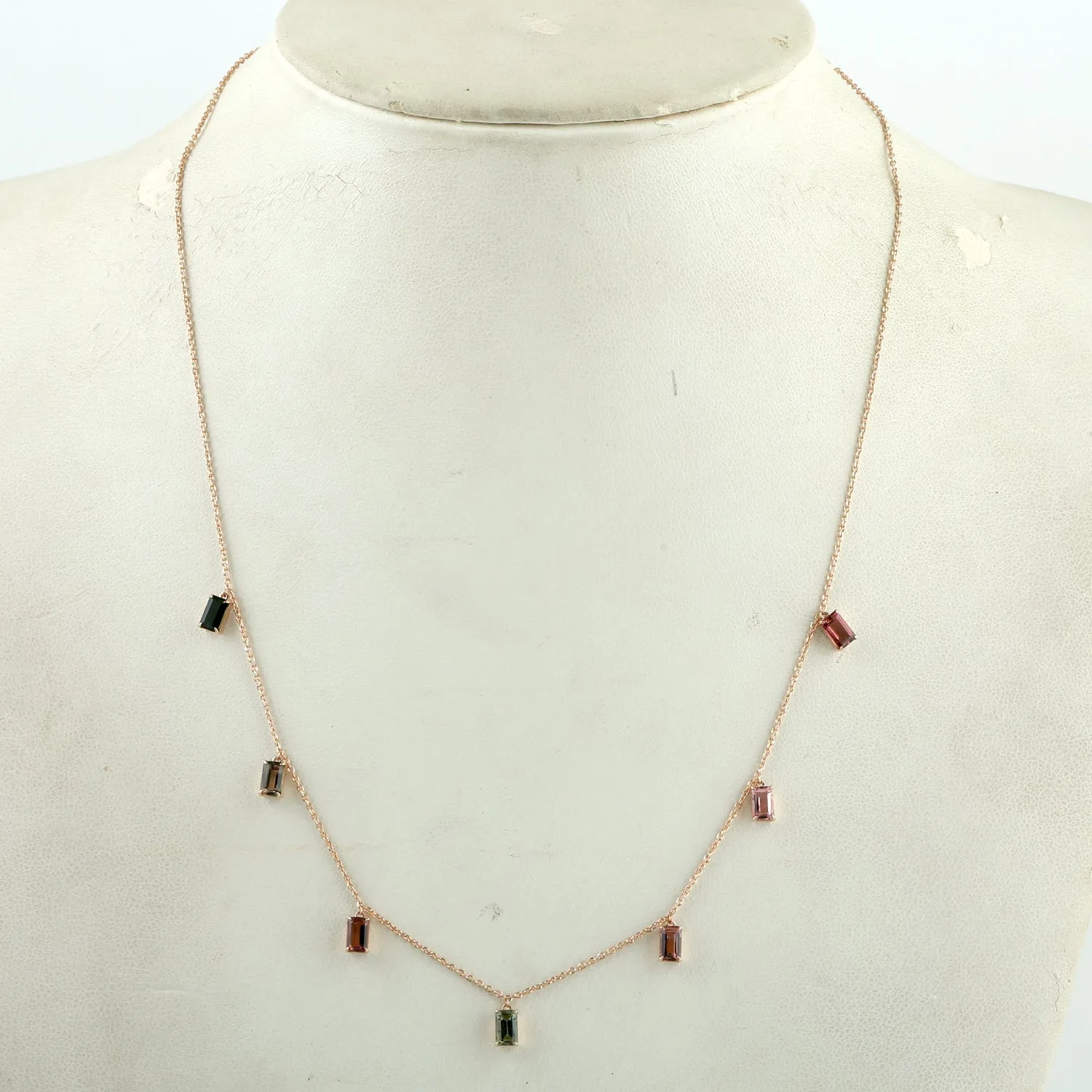 Handmade 18K Rose Gold Baguette Multicolor Tourmaline Princess Necklace Jewelry