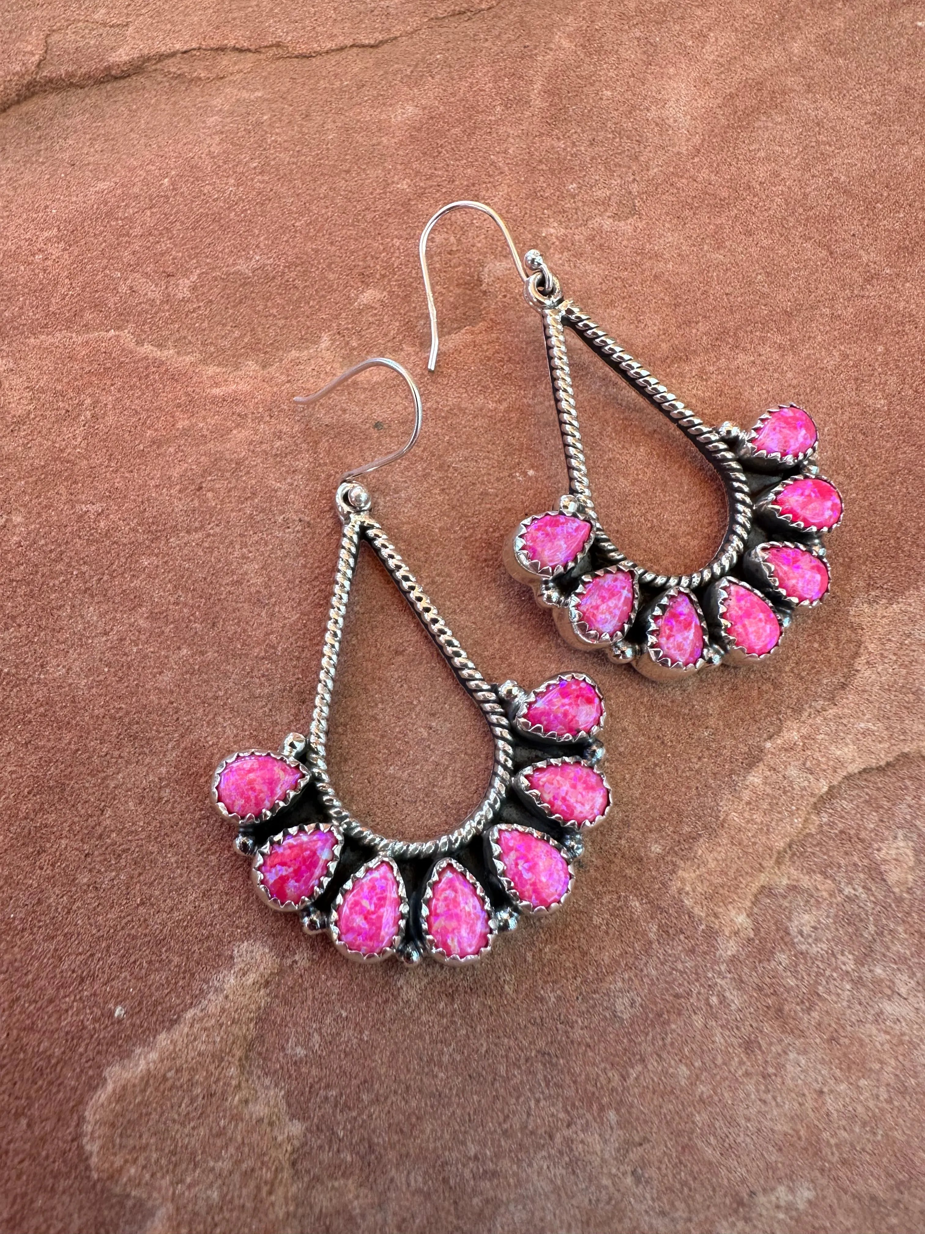 Handmade Sterling Silver & Hot Pink Fire Opal Dangle Earrings