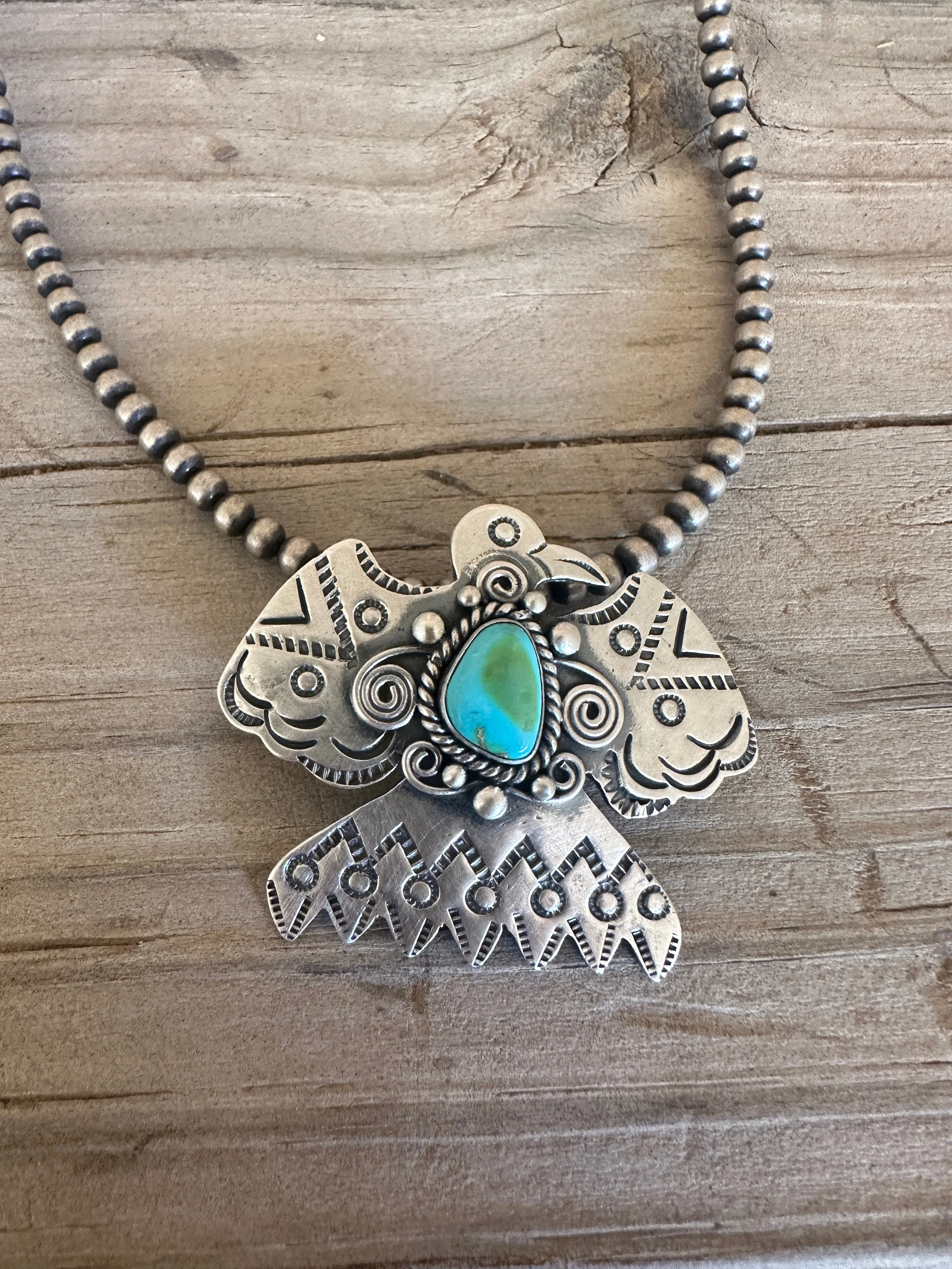 Handmade Sterling Silver & Sonoran Mountain Turquoise Thunderbird Pendant Signed Nizhoni MORE BLUE