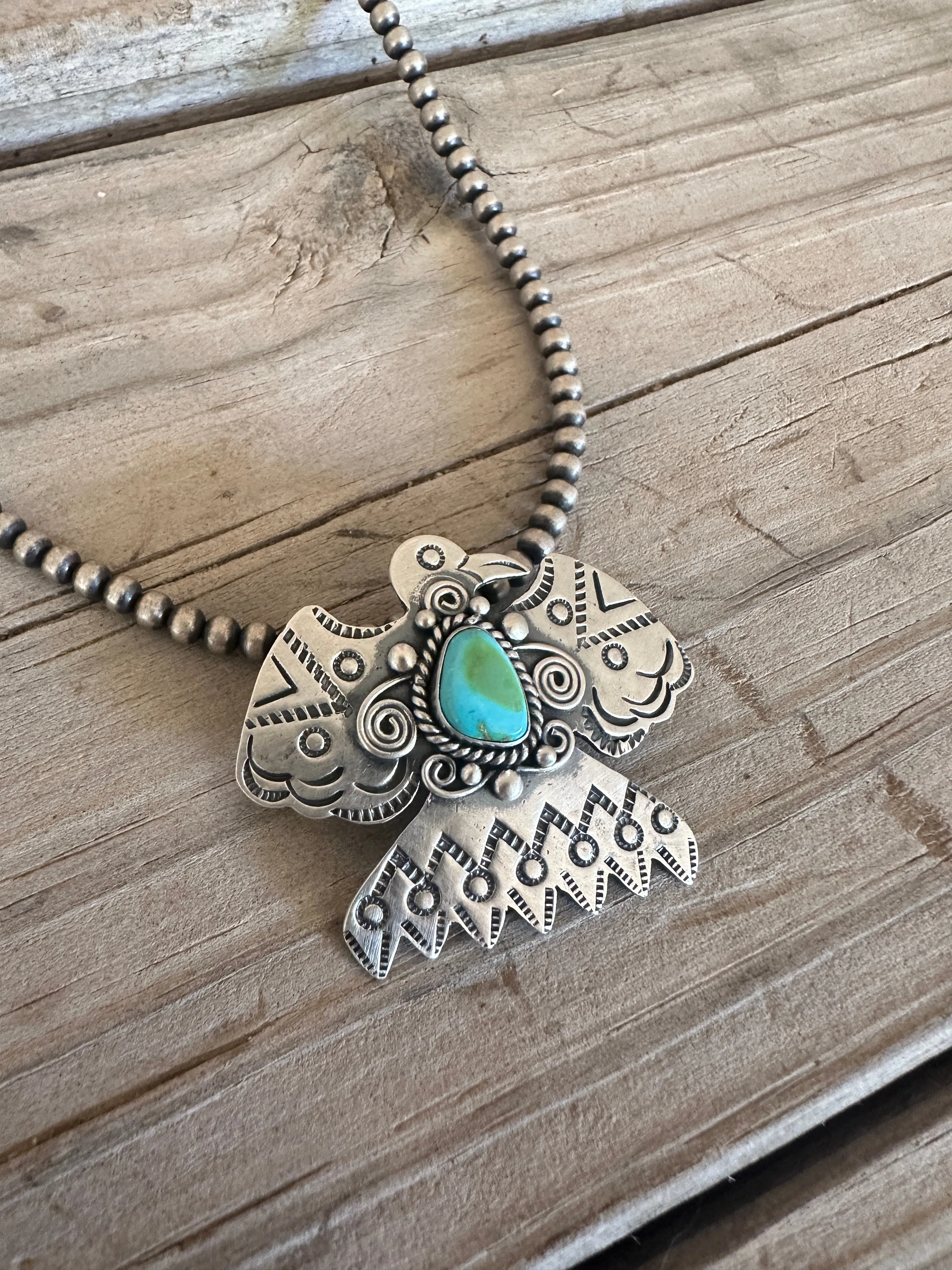 Handmade Sterling Silver & Sonoran Mountain Turquoise Thunderbird Pendant Signed Nizhoni MORE BLUE