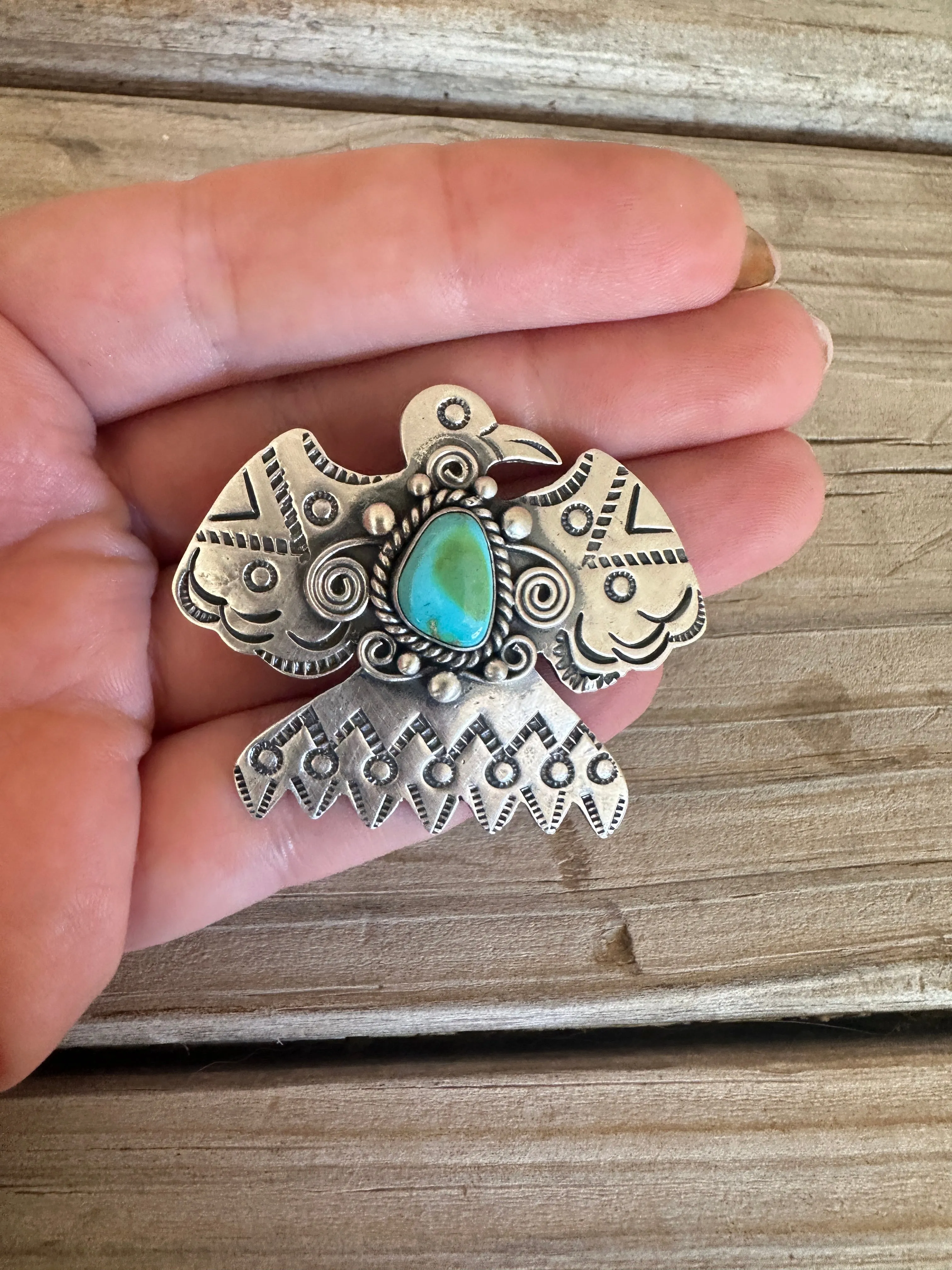 Handmade Sterling Silver & Sonoran Mountain Turquoise Thunderbird Pendant Signed Nizhoni MORE BLUE