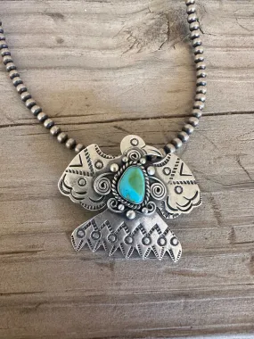 Handmade Sterling Silver & Sonoran Mountain Turquoise Thunderbird Pendant Signed Nizhoni MORE BLUE