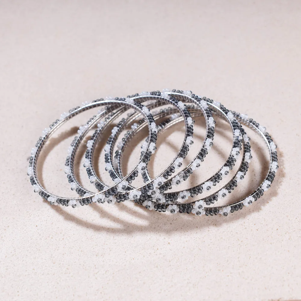 Hapur Flower Grey & White Beadwork Bangles (Set of 6)