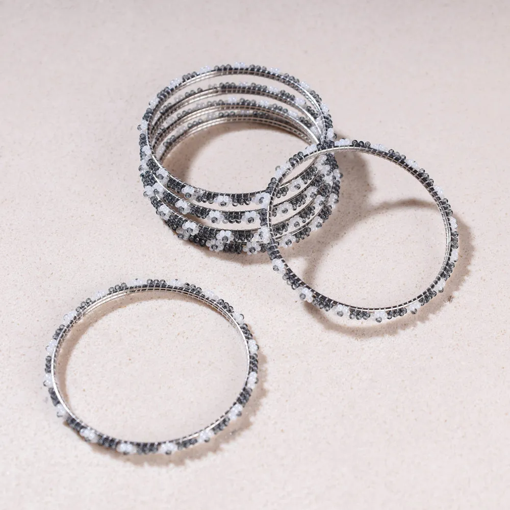 Hapur Flower Grey & White Beadwork Bangles (Set of 6)