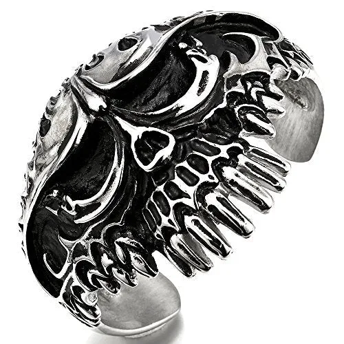 Heavy and Study Mens Stainless Steel Biker Flame Skull Cuff Bangle Bracelet Silver Black Two-Tone