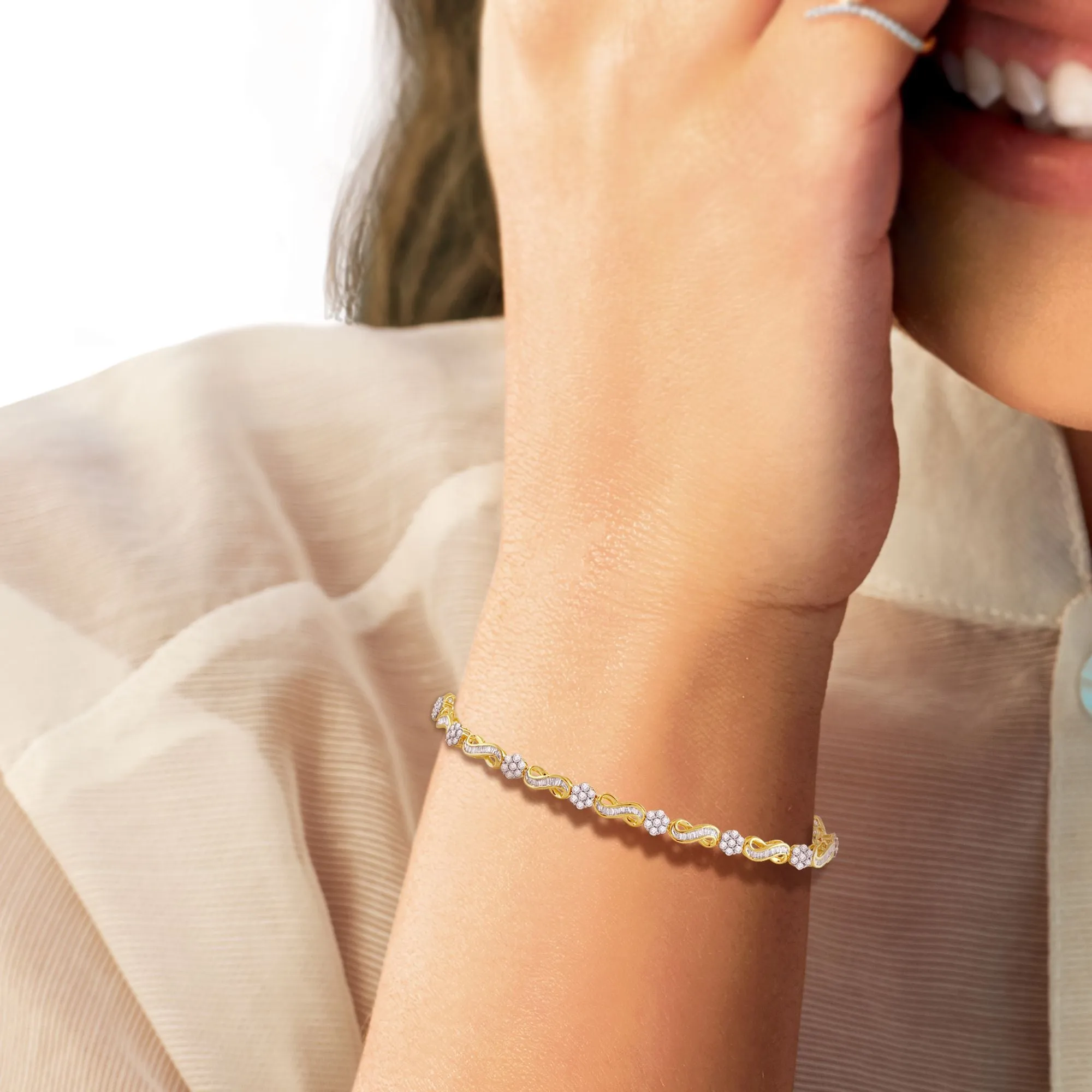 Jewelili 10K Yellow Gold With 2.0 CTTW Diamonds Infinity Bracelet, 7.25"