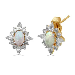 Jewelili 14K Yellow Gold Over Sterling Silver with Created Opal and Created White Sapphire Stud Earrings