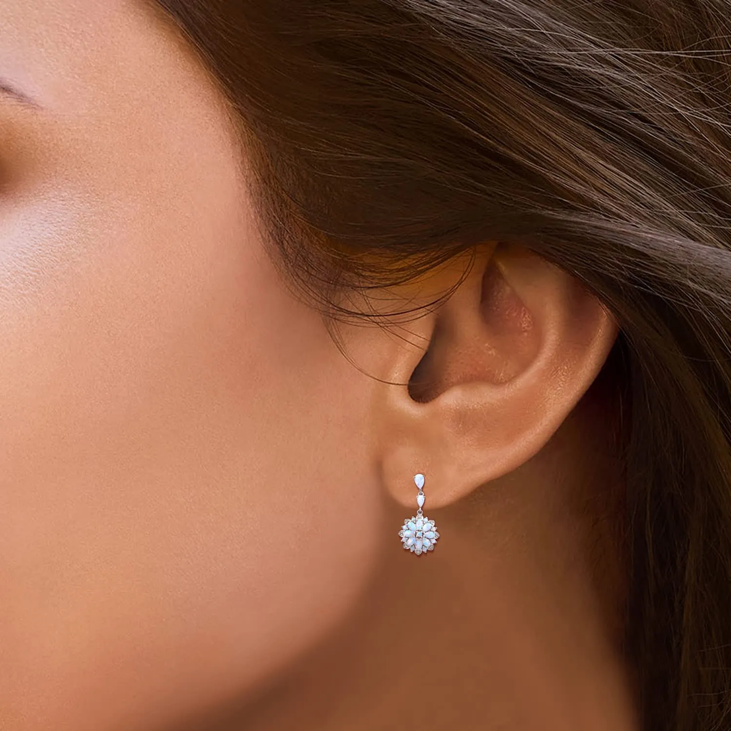 Jewelili Sterling Silver With Created Opal and Natural White Round Diamonds Flower Cut Dangle Earrings
