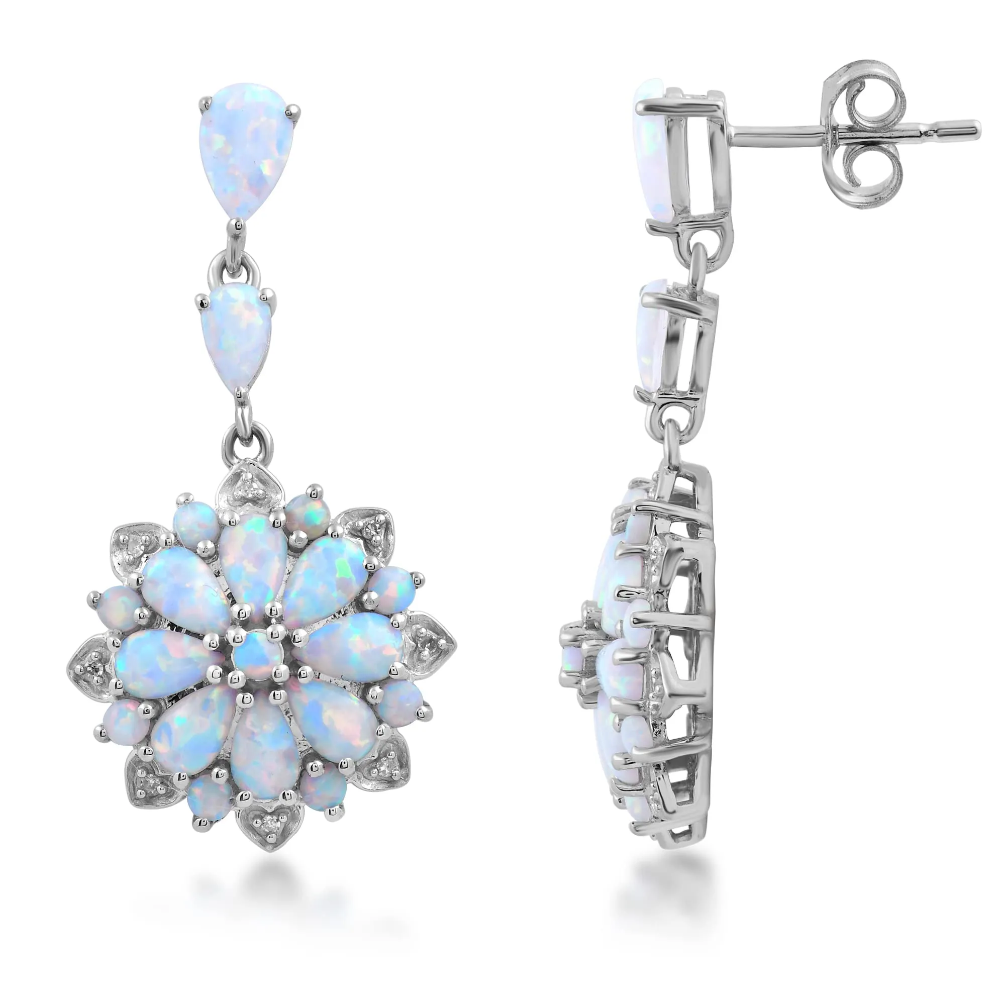 Jewelili Sterling Silver With Created Opal and Natural White Round Diamonds Flower Cut Dangle Earrings