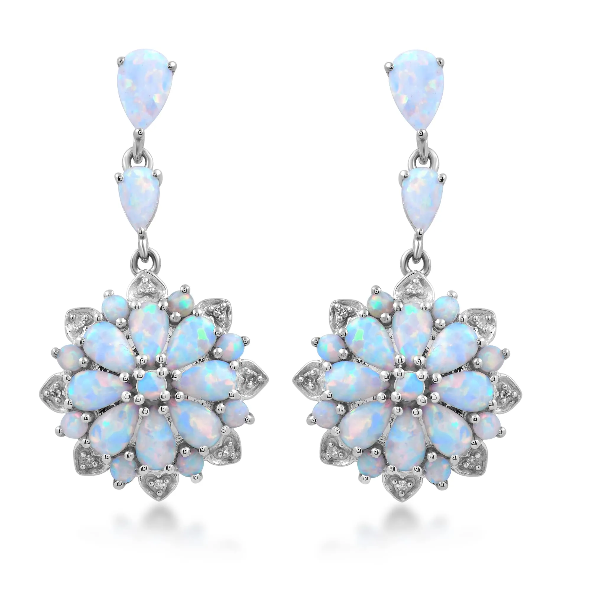 Jewelili Sterling Silver With Created Opal and Natural White Round Diamonds Flower Cut Dangle Earrings
