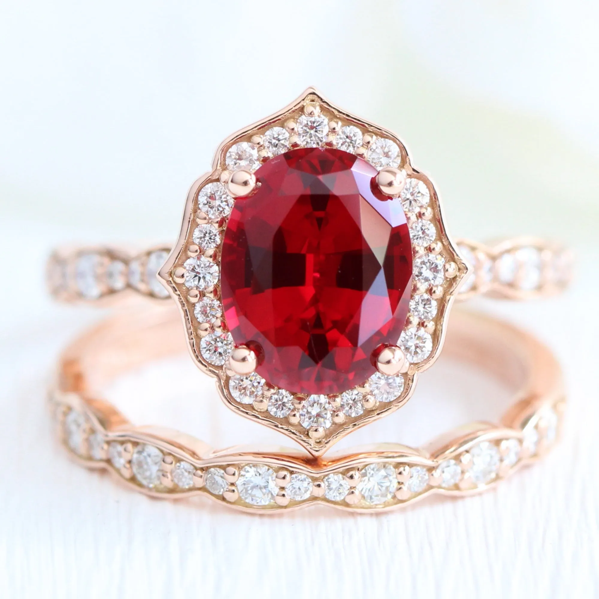 Large Oval Ruby Diamond Ring in Vintage Floral Scalloped Band