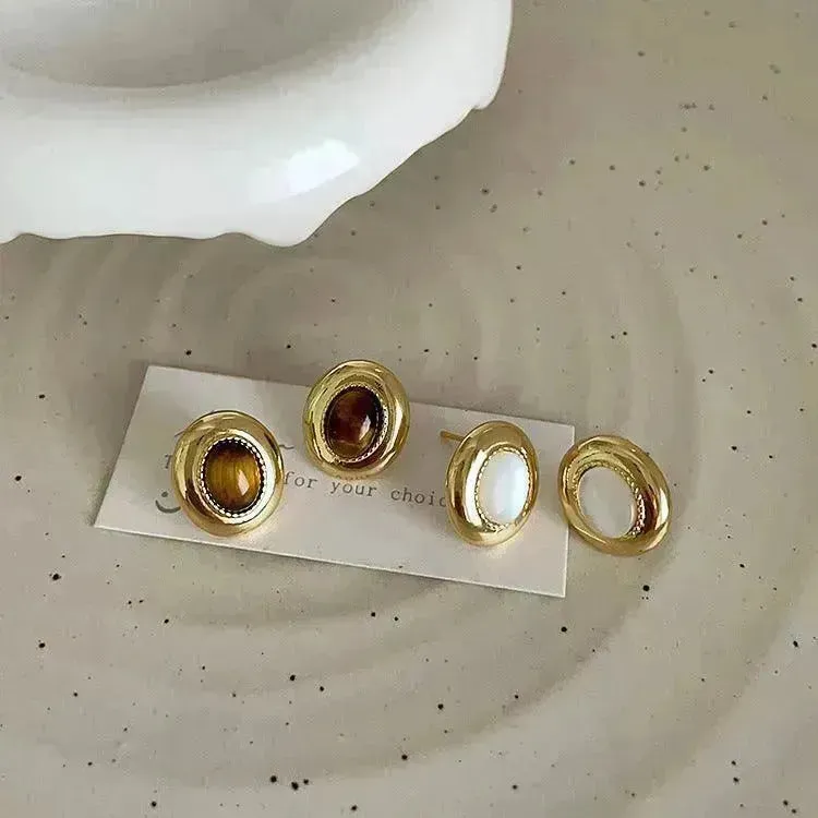 Luxury French Retro Tiger eye Metal Stud Earrings For Women Weeding Earrings