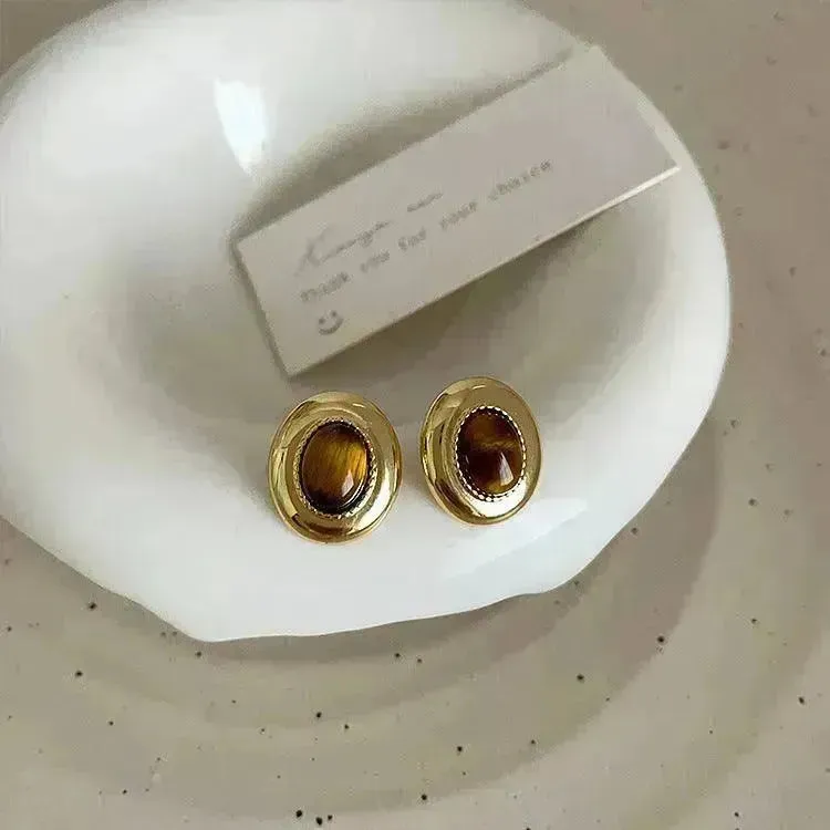 Luxury French Retro Tiger eye Metal Stud Earrings For Women Weeding Earrings