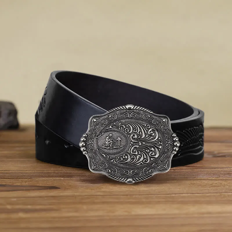 Men's DIY Religious Cross Pattern Buckle Leather Belt
