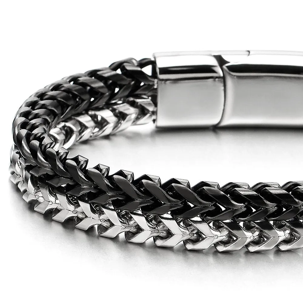 Mens Stainless Steel Double Row Silver Black Square Franco Chain Box Curb Chain Bracelet