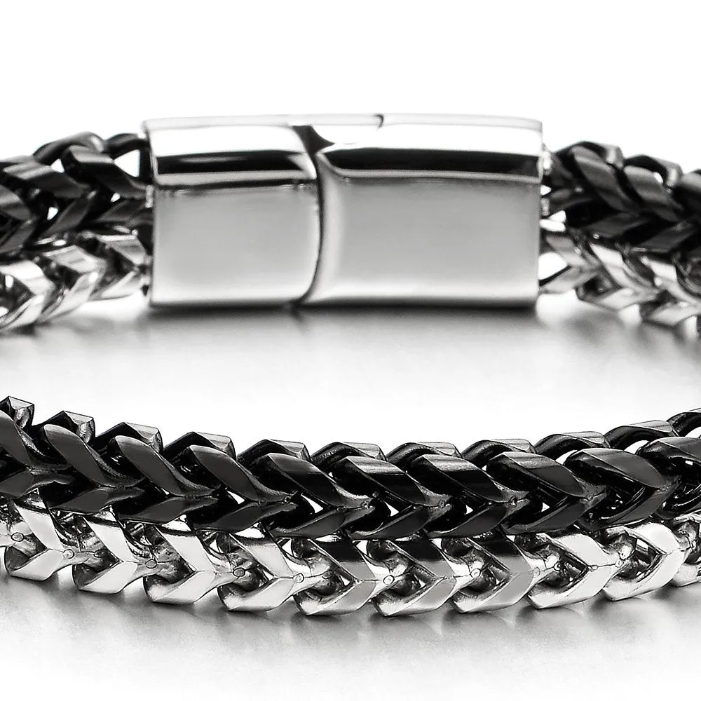 Mens Stainless Steel Double Row Silver Black Square Franco Chain Box Curb Chain Bracelet
