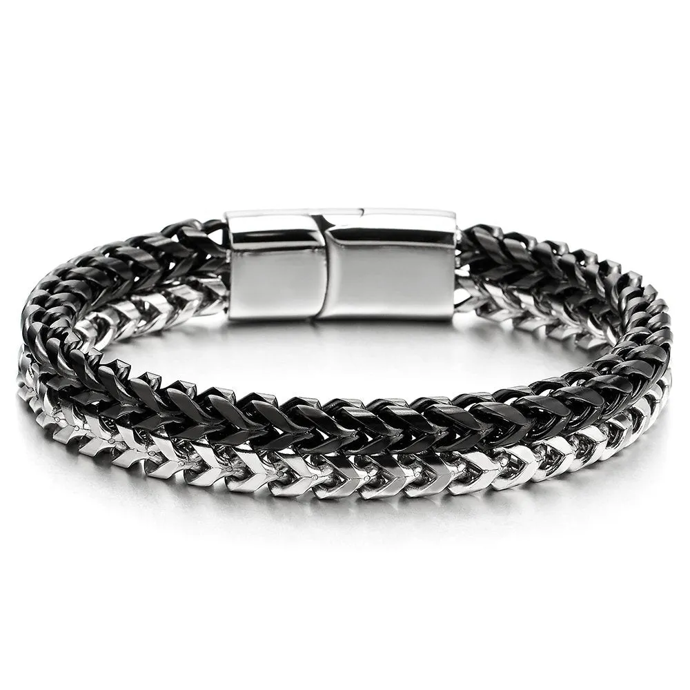Mens Stainless Steel Double Row Silver Black Square Franco Chain Box Curb Chain Bracelet