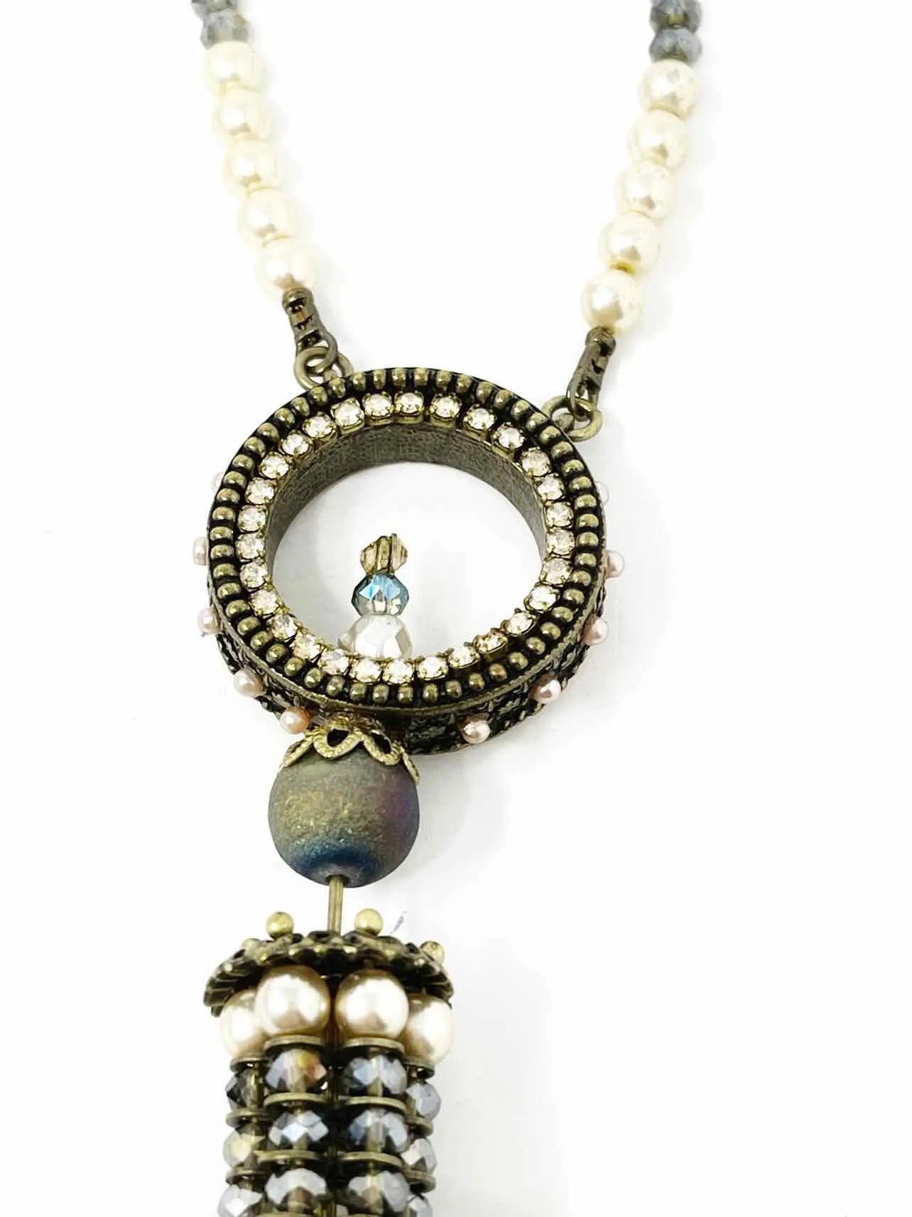 Michal Negrin Brass Cream/Brown Tassel Beaded Pearl Necklace