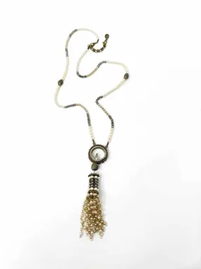 Michal Negrin Brass Cream/Brown Tassel Beaded Pearl Necklace