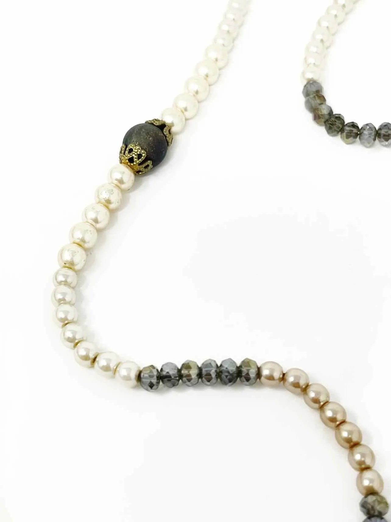 Michal Negrin Brass Cream/Brown Tassel Beaded Pearl Necklace