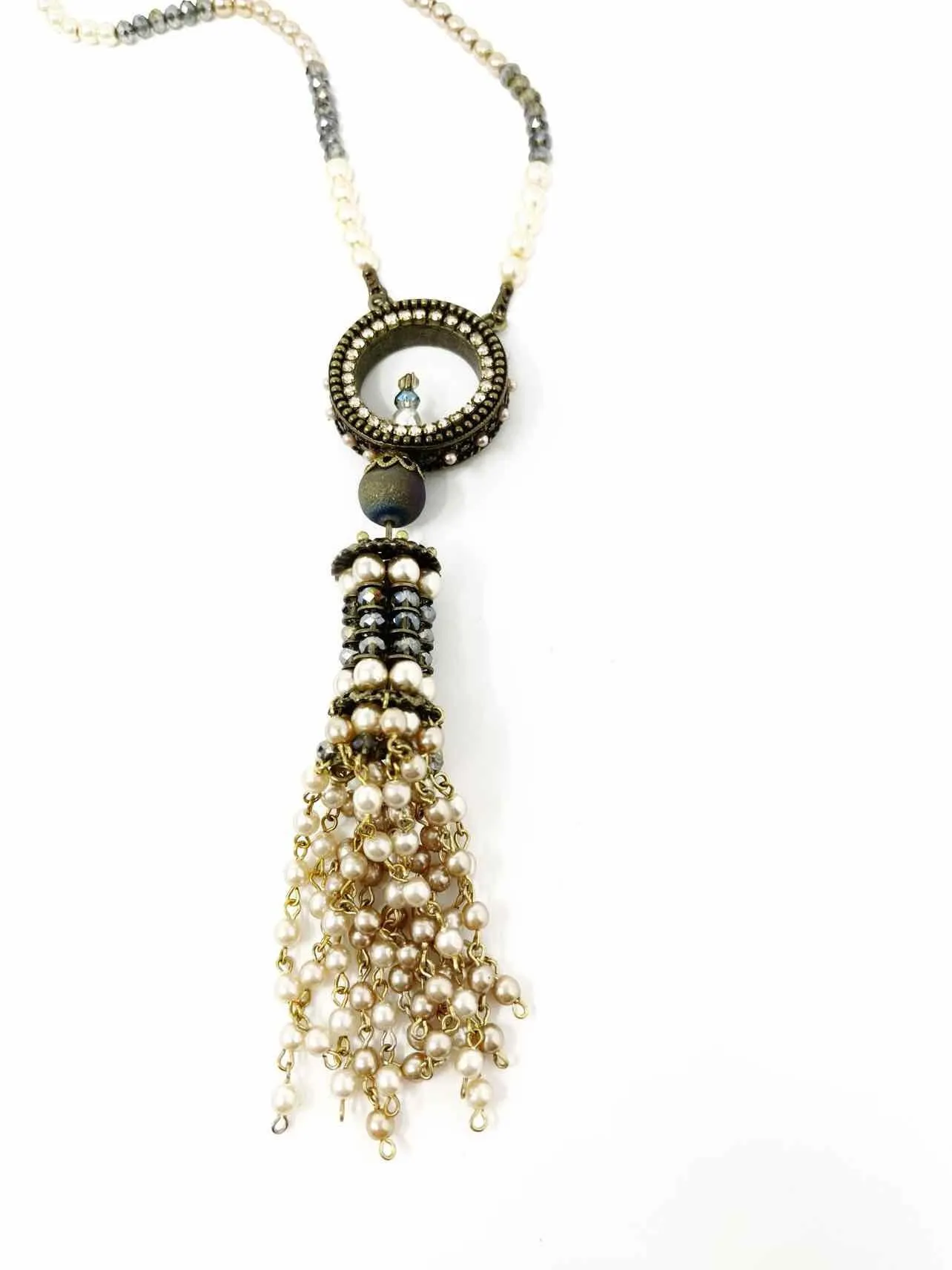Michal Negrin Brass Cream/Brown Tassel Beaded Pearl Necklace