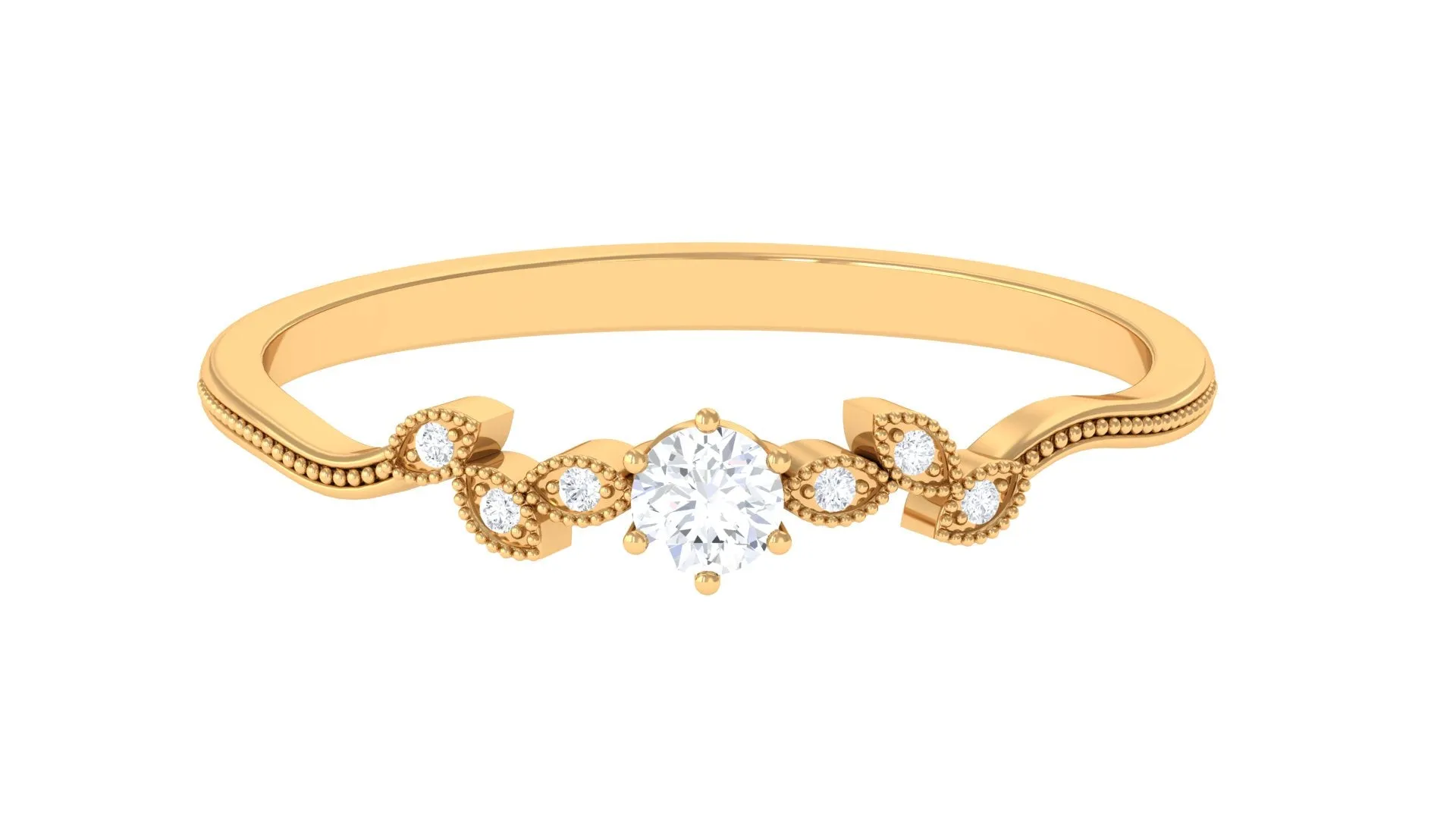 Minimal Lab Grown Diamond Leaf Ring with Beaded Detailing