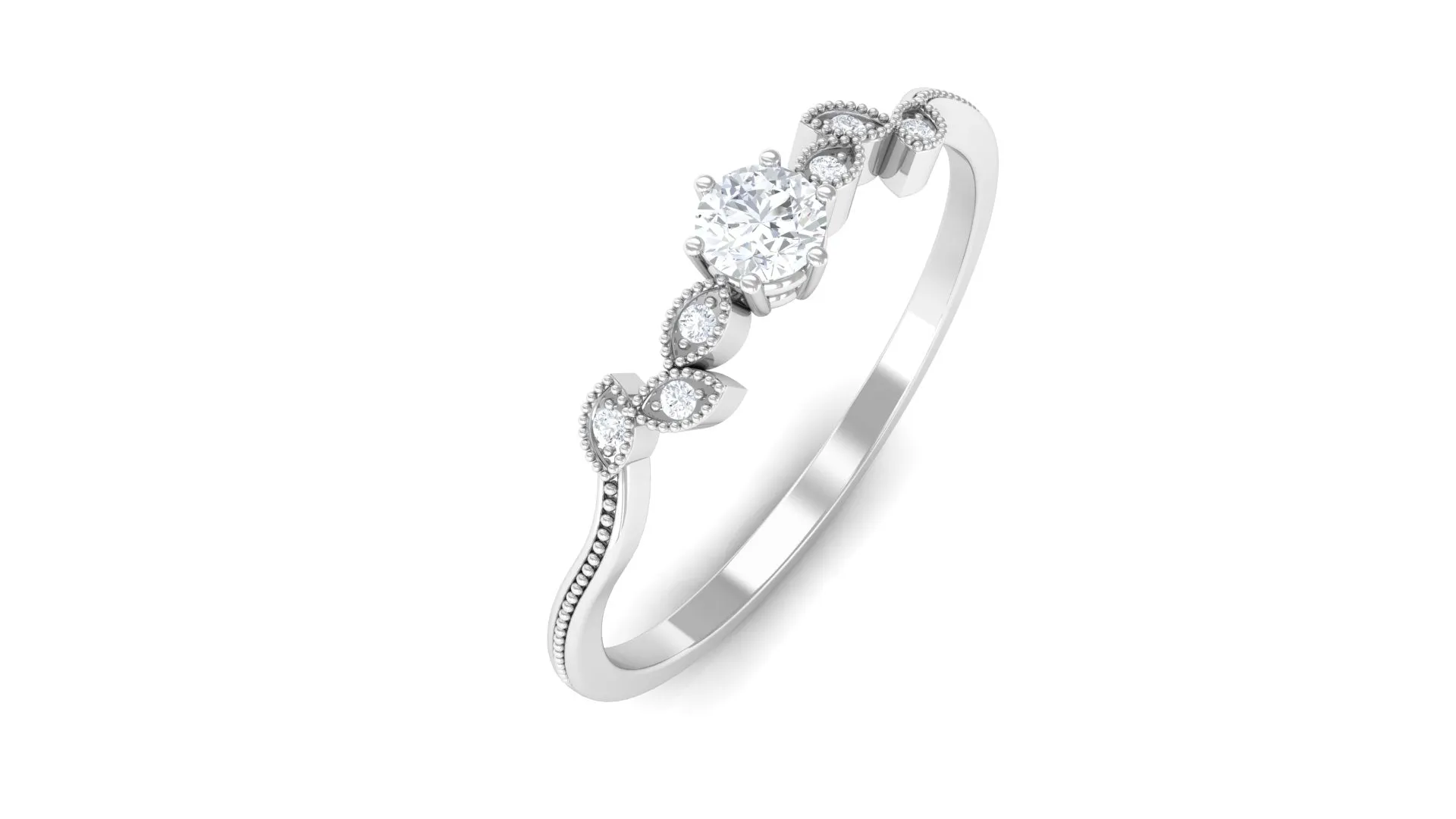 Minimal Lab Grown Diamond Leaf Ring with Beaded Detailing