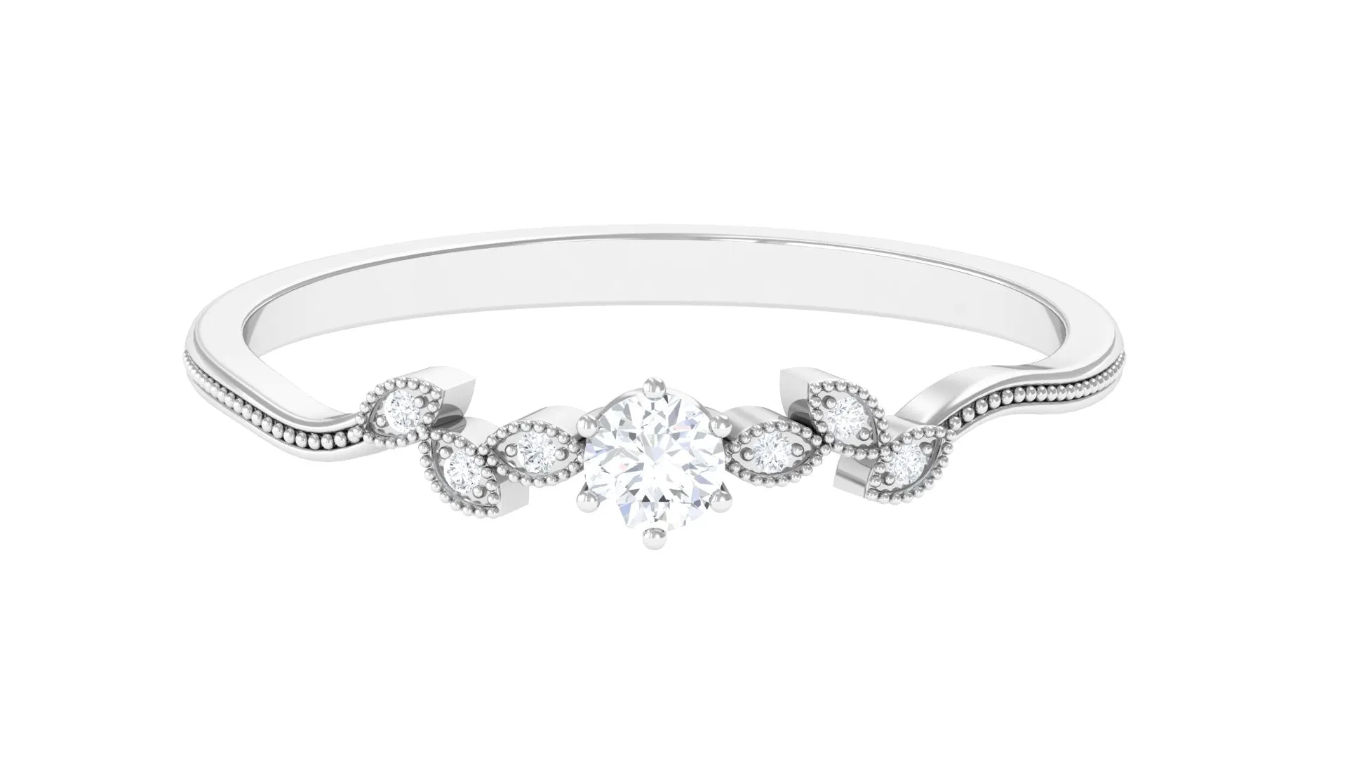 Minimal Lab Grown Diamond Leaf Ring with Beaded Detailing